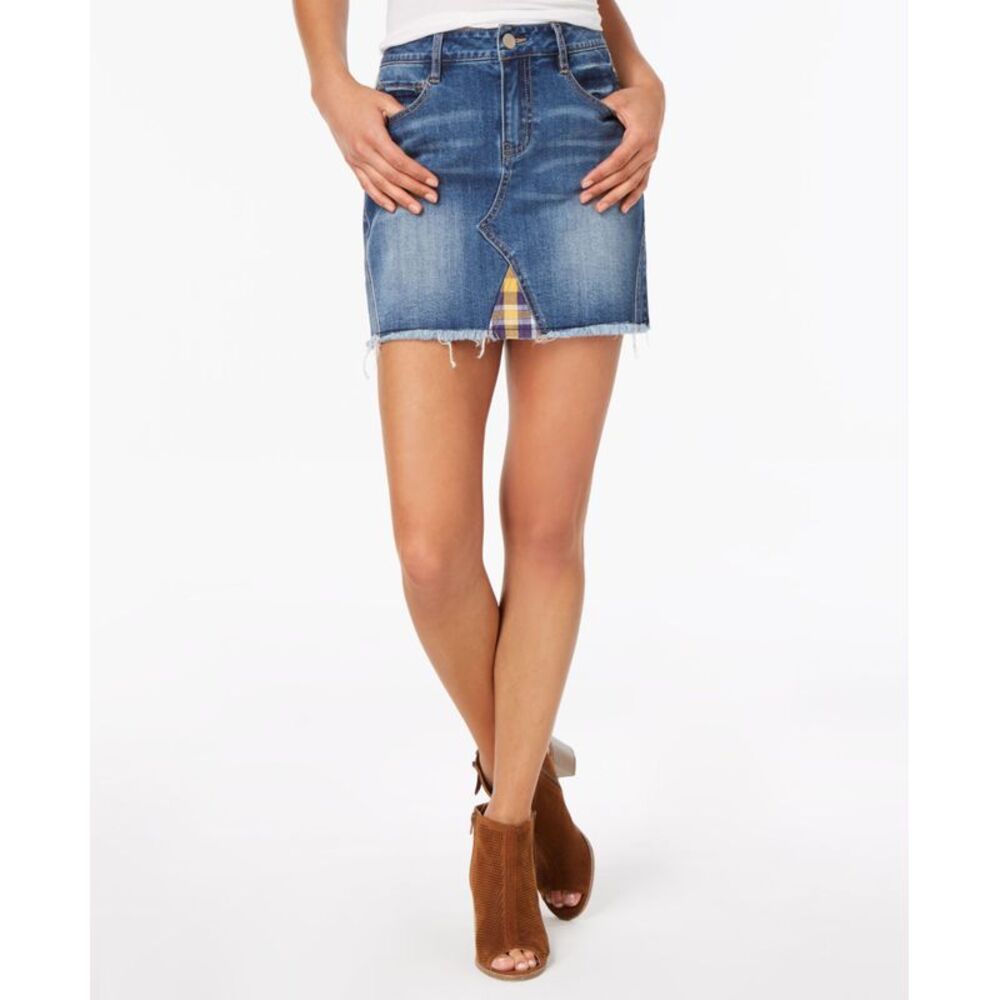 Dollhouse Juniors Plaid Contrast Denim Mini Skirt